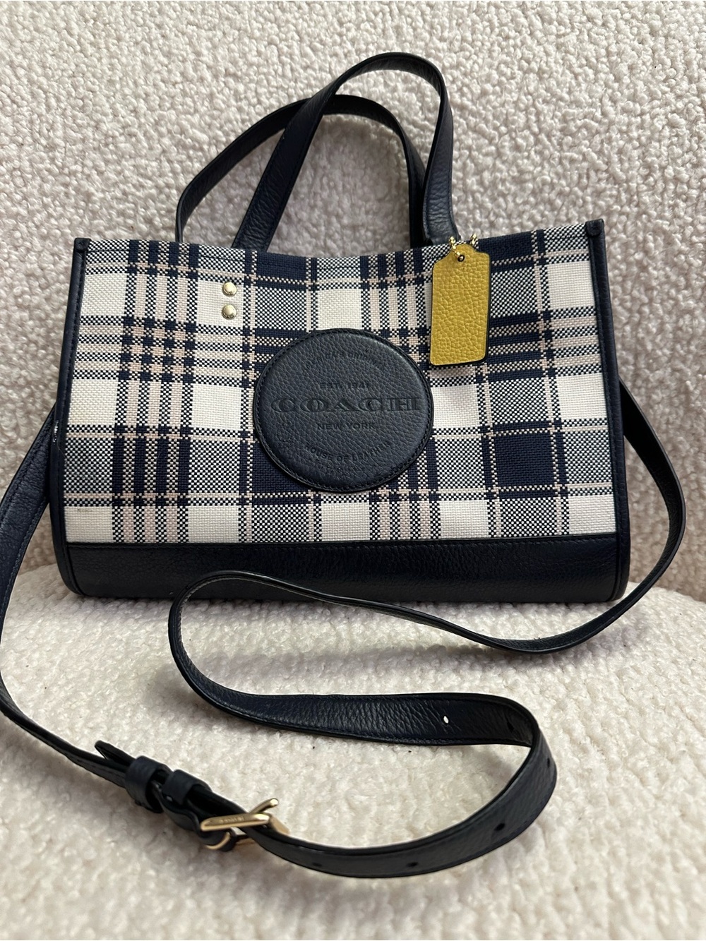 Coach Navy and White Plaid Canvas Tote with Yellow Tag
